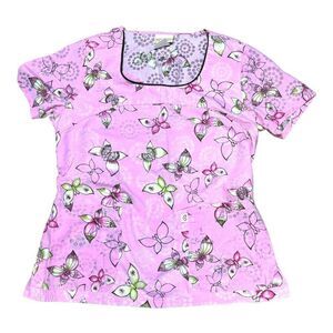 Skechers Medical Scrubs Top M Butterfly Print Pink & Purple Spring Summer Nurse